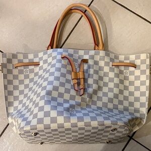 Louis Vuitton Damier Azur Canvas Tote in White and Light Blue with Tan Handles